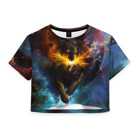 Женская футболка 3D укороченная с принтом Космоволк , 100% полиэстер | круглая горловина, длина футболки до линии талии, рукава с отворотами | волк | вселенная | галактика | звёзды | космос | оскал | пламя | созвездие