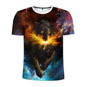 Мужская футболка 3D спортивная с принтом Космоволк , 100% полиэстер с улучшенными характеристиками | приталенный силуэт, круглая горловина, широкие плечи, сужается к линии бедра | волк | вселенная | галактика | звёзды | космос | оскал | пламя | созвездие