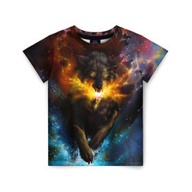 Детская футболка 3D с принтом Космоволк , 100% гипоаллергенный полиэфир | прямой крой, круглый вырез горловины, длина до линии бедер, чуть спущенное плечо, ткань немного тянется | Тематика изображения на принте: волк | вселенная | галактика | звёзды | космос | оскал | пламя | созвездие