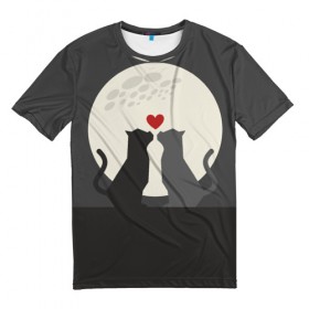 Мужская футболка 3D с принтом Cats love with moon , 100% полиэфир | прямой крой, круглый вырез горловины, длина до линии бедер | 