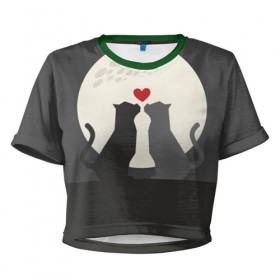 Женская футболка 3D укороченная с принтом Cats love with moon , 100% полиэстер | круглая горловина, длина футболки до линии талии, рукава с отворотами | 