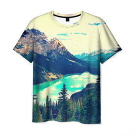 Мужская футболка 3D с принтом Канада-Альберта , 100% полиэфир | прямой крой, круглый вырез горловины, длина до линии бедер | деревья | небо | озеро