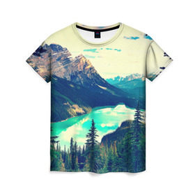 Женская футболка 3D с принтом Канада-Альберта , 100% полиэфир ( синтетическое хлопкоподобное полотно) | прямой крой, круглый вырез горловины, длина до линии бедер | деревья | небо | озеро