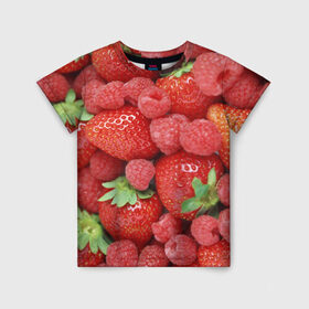 Детская футболка 3D с принтом Ягоды , 100% гипоаллергенный полиэфир | прямой крой, круглый вырез горловины, длина до линии бедер, чуть спущенное плечо, ткань немного тянется | Тематика изображения на принте: десерт | еда | клубника | красный | малина | сладкое | ягоды