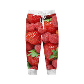 Детские брюки 3D с принтом Ягоды , 100% полиэстер | манжеты по низу, эластичный пояс регулируется шнурком, по бокам два кармана без застежек, внутренняя часть кармана из мелкой сетки | десерт | еда | клубника | красный | малина | сладкое | ягоды