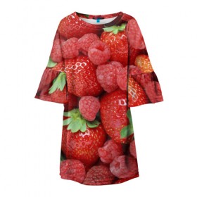 Детское платье 3D с принтом Ягоды , 100% полиэстер | прямой силуэт, чуть расширенный к низу. Круглая горловина, на рукавах — воланы | десерт | еда | клубника | красный | малина | сладкое | ягоды
