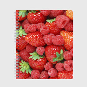 Тетрадь с принтом Ягоды , 100% бумага | 48 листов, плотность листов — 60 г/м2, плотность картонной обложки — 250 г/м2. Листы скреплены сбоку удобной пружинной спиралью. Уголки страниц и обложки скругленные. Цвет линий — светло-серый
 | десерт | еда | клубника | красный | малина | сладкое | ягоды