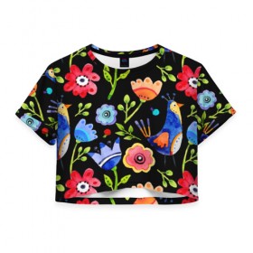 Женская футболка 3D укороченная с принтом цветочный принт , 100% полиэстер | круглая горловина, длина футболки до линии талии, рукава с отворотами | акварель | графика | зелень | лес | лето | листья | принт | рисунок | цветок
