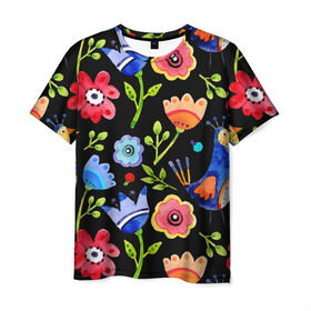 Мужская футболка 3D с принтом цветочный принт , 100% полиэфир | прямой крой, круглый вырез горловины, длина до линии бедер | акварель | графика | зелень | лес | лето | листья | принт | рисунок | цветок