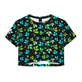 Женская футболка 3D укороченная с принтом цветочный принт , 100% полиэстер | круглая горловина, длина футболки до линии талии, рукава с отворотами | акварель | графика | зелень | лес | лето | листья | принт | рисунок | цветок
