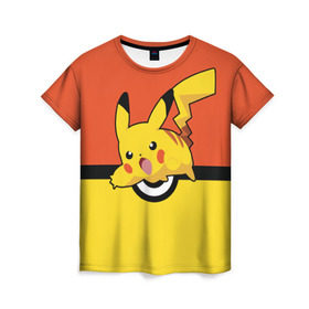 Женская футболка 3D с принтом Pikachu , 100% полиэфир ( синтетическое хлопкоподобное полотно) | прямой крой, круглый вырез горловины, длина до линии бедер | pokeboll | пикачу | покеболл