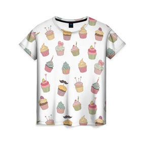 Женская футболка 3D с принтом Капкейки , 100% полиэфир ( синтетическое хлопкоподобное полотно) | прямой крой, круглый вырез горловины, длина до линии бедер | Тематика изображения на принте: вкусный | капкейк | капкэйк | кекс | маффин | пирожное