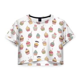 Женская футболка 3D укороченная с принтом Капкейки , 100% полиэстер | круглая горловина, длина футболки до линии талии, рукава с отворотами | вкусный | капкейк | капкэйк | кекс | маффин | пирожное