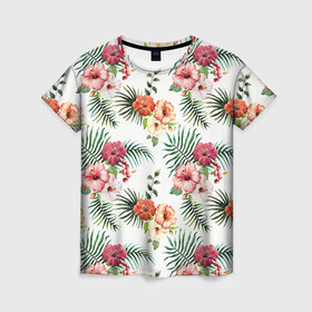 Женская футболка 3D с принтом Цветы и бабочки 1 , 100% полиэфир ( синтетическое хлопкоподобное полотно) | прямой крой, круглый вырез горловины, длина до линии бедер | нежный | паттерн | цветочный