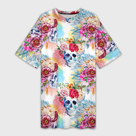 Платье-футболка 3D с принтом Цветы и бабочки 5 ,  |  | Тематика изображения на принте: акварель | нежный | паттерн | цветочек | цветочный