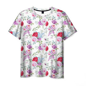 Мужская футболка 3D с принтом Цветы и бабочки 8 , 100% полиэфир | прямой крой, круглый вырез горловины, длина до линии бедер | Тематика изображения на принте: акварель | бабочка | нежный | рисунок | роза | сирень | цветочек | цветочный | цветы
