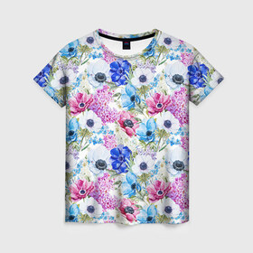 Женская футболка 3D с принтом Цветы и бабочки 9 , 100% полиэфир ( синтетическое хлопкоподобное полотно) | прямой крой, круглый вырез горловины, длина до линии бедер | акварель | нежный | паттерн | цветочек | цветочный