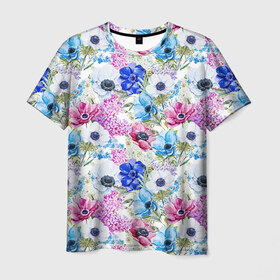 Мужская футболка 3D с принтом Цветы и бабочки 9 , 100% полиэфир | прямой крой, круглый вырез горловины, длина до линии бедер | акварель | нежный | паттерн | цветочек | цветочный