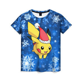 Женская футболка 3D с принтом Pikachu , 100% полиэфир ( синтетическое хлопкоподобное полотно) | прямой крой, круглый вырез горловины, длина до линии бедер | pikachu | pokeboll | pokemon | зима | новый год | пикачу | покеболл | покемон | снежинки