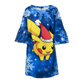 Детское платье 3D с принтом Pikachu , 100% полиэстер | прямой силуэт, чуть расширенный к низу. Круглая горловина, на рукавах — воланы | Тематика изображения на принте: pikachu | pokeboll | pokemon | зима | новый год | пикачу | покеболл | покемон | снежинки