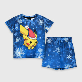 Детский костюм с шортами 3D с принтом Новогодний Пикачу ,  |  | pikachu | pokeboll | pokemon | зима | новый год | пикачу | покеболл | покемон | снежинки