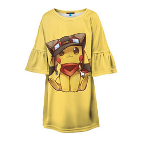 Детское платье 3D с принтом Pikachu , 100% полиэстер | прямой силуэт, чуть расширенный к низу. Круглая горловина, на рукавах — воланы | Тематика изображения на принте: pikachu | pokeball | pokemon | пикачу | покеболл | покемон