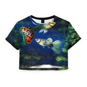 Женская футболка 3D укороченная с принтом Аквариумные рыбки , 100% полиэстер | круглая горловина, длина футболки до линии талии, рукава с отворотами | аквариум | вода | водоросли | природа | рыба | рыбка | туризм