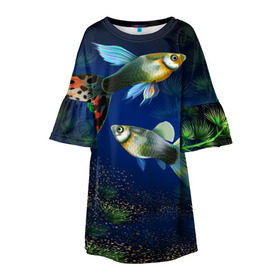 Детское платье 3D с принтом Аквариумные рыбки , 100% полиэстер | прямой силуэт, чуть расширенный к низу. Круглая горловина, на рукавах — воланы | Тематика изображения на принте: аквариум | вода | водоросли | природа | рыба | рыбка | туризм
