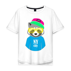 Мужская футболка хлопок Oversize с принтом Енот , 100% хлопок | свободный крой, круглый ворот, “спинка” длиннее передней части | city | ny | енот | животные | звери | кепка | очки | серый | хипстер