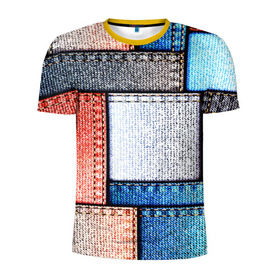 Мужская футболка 3D спортивная с принтом Джинсовый стиль , 100% полиэстер с улучшенными характеристиками | приталенный силуэт, круглая горловина, широкие плечи, сужается к линии бедра | Тематика изображения на принте: заплатки | разноцветный | текстура | ткань