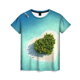 Женская футболка 3D с принтом Остров , 100% полиэфир ( синтетическое хлопкоподобное полотно) | прямой крой, круглый вырез горловины, длина до линии бедер | вода | дерево | лето | море | океан | остров | пальмы | песок | сердечко | сердце | синий
