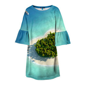Детское платье 3D с принтом Остров , 100% полиэстер | прямой силуэт, чуть расширенный к низу. Круглая горловина, на рукавах — воланы | Тематика изображения на принте: вода | дерево | лето | море | океан | остров | пальмы | песок | сердечко | сердце | синий