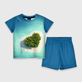 Детский костюм с шортами 3D с принтом Остров ,  |  | Тематика изображения на принте: вода | дерево | лето | море | океан | остров | пальмы | песок | сердечко | сердце | синий