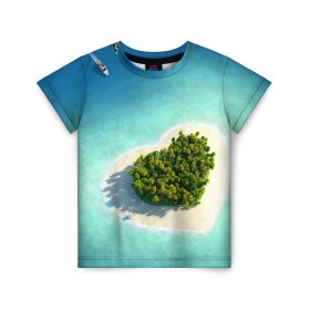 Детская футболка 3D с принтом Остров , 100% гипоаллергенный полиэфир | прямой крой, круглый вырез горловины, длина до линии бедер, чуть спущенное плечо, ткань немного тянется | вода | дерево | лето | море | океан | остров | пальмы | песок | сердечко | сердце | синий