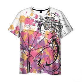Мужская футболка 3D с принтом Гейша , 100% полиэфир | прямой крой, круглый вырез горловины, длина до линии бедер | веер | девушка | краски | рисунок | цвета | япония