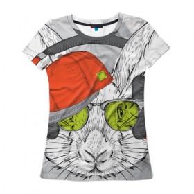 Женская футболка 3D с принтом Стильный Кролик , 100% полиэфир ( синтетическое хлопкоподобное полотно) | прямой крой, круглый вырез горловины, длина до линии бедер | Тематика изображения на принте: dj | music | rnb | животные | клубная | музыка