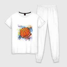 Женская пижама хлопок с принтом Баскетбольный мяч в штрихах , 100% хлопок | брюки и футболка прямого кроя, без карманов, на брюках мягкая резинка на поясе и по низу штанин | баскетбол | стилизация | штрихи