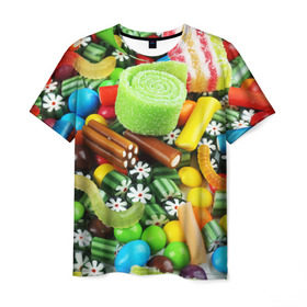 Мужская футболка 3D с принтом Сладости , 100% полиэфир | прямой крой, круглый вырез горловины, длина до линии бедер | вкуснотища | вкусняшки | глазурь | жевачка | карамель | карамельки | конфетки | конфеты | леденец | мармеладки | сахар | сладости
