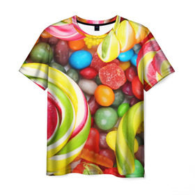 Мужская футболка 3D с принтом Вкусняшки , 100% полиэфир | прямой крой, круглый вырез горловины, длина до линии бедер | Тематика изображения на принте: вкуснотища | вкусняшки | глазурь | жевачка | карамель | карамельки | конфетки | конфеты | леденец | мармеладки | сахар | сладости