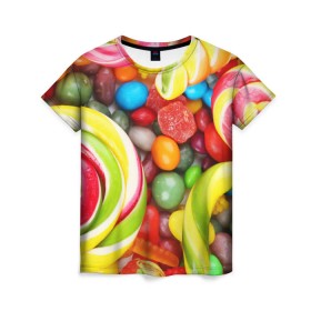 Женская футболка 3D с принтом Вкусняшки , 100% полиэфир ( синтетическое хлопкоподобное полотно) | прямой крой, круглый вырез горловины, длина до линии бедер | Тематика изображения на принте: вкуснотища | вкусняшки | глазурь | жевачка | карамель | карамельки | конфетки | конфеты | леденец | мармеладки | сахар | сладости