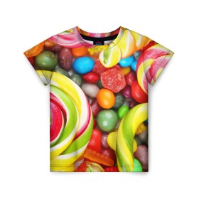 Детская футболка 3D с принтом Вкусняшки , 100% гипоаллергенный полиэфир | прямой крой, круглый вырез горловины, длина до линии бедер, чуть спущенное плечо, ткань немного тянется | вкуснотища | вкусняшки | глазурь | жевачка | карамель | карамельки | конфетки | конфеты | леденец | мармеладки | сахар | сладости