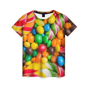 Женская футболка 3D с принтом Сладкоежка , 100% полиэфир ( синтетическое хлопкоподобное полотно) | прямой крой, круглый вырез горловины, длина до линии бедер | вкуснотища | вкусняшки | глазурь | жевачка | карамель | карамельки | конфетки | конфеты | леденец | мармеладки | сахар | сладости