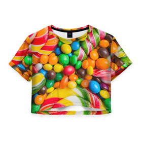 Женская футболка 3D укороченная с принтом Сладкоежка , 100% полиэстер | круглая горловина, длина футболки до линии талии, рукава с отворотами | вкуснотища | вкусняшки | глазурь | жевачка | карамель | карамельки | конфетки | конфеты | леденец | мармеладки | сахар | сладости