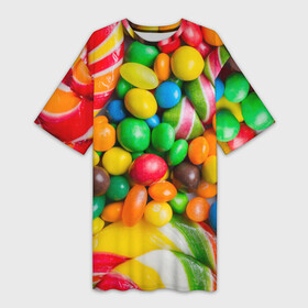Платье-футболка 3D с принтом Сладкоежка ,  |  | вкуснотища | вкусняшки | глазурь | жевачка | карамель | карамельки | конфетки | конфеты | леденец | мармеладки | сахар | сладости
