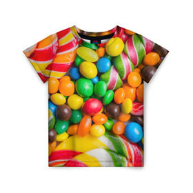 Детская футболка 3D с принтом Сладкоежка , 100% гипоаллергенный полиэфир | прямой крой, круглый вырез горловины, длина до линии бедер, чуть спущенное плечо, ткань немного тянется | вкуснотища | вкусняшки | глазурь | жевачка | карамель | карамельки | конфетки | конфеты | леденец | мармеладки | сахар | сладости