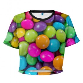 Женская футболка 3D укороченная с принтом Конфетки , 100% полиэстер | круглая горловина, длина футболки до линии талии, рукава с отворотами | вкуснотища | вкусняшки | глазурь | жевачка | карамель | карамельки | конфетки | конфеты | леденец | мармеладки | сахар | сладости