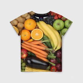 Детская футболка 3D с принтом Овощи и фрукты , 100% гипоаллергенный полиэфир | прямой крой, круглый вырез горловины, длина до линии бедер, чуть спущенное плечо, ткань немного тянется | апельсин | баклажан | банан | картофель | клубника | кукуруза | морковь | овощи | перец | фрукты | яблоки