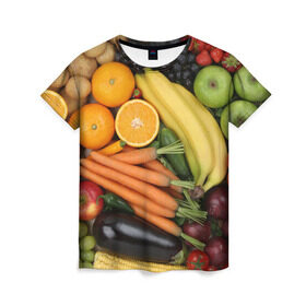 Женская футболка 3D с принтом Овощи и фрукты , 100% полиэфир ( синтетическое хлопкоподобное полотно) | прямой крой, круглый вырез горловины, длина до линии бедер | апельсин | баклажан | банан | картофель | клубника | кукуруза | морковь | овощи | перец | фрукты | яблоки