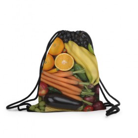 Рюкзак-мешок 3D с принтом Овощи и фрукты , 100% полиэстер | плотность ткани — 200 г/м2, размер — 35 х 45 см; лямки — толстые шнурки, застежка на шнуровке, без карманов и подкладки | апельсин | баклажан | банан | картофель | клубника | кукуруза | морковь | овощи | перец | фрукты | яблоки