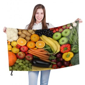 Флаг 3D с принтом Овощи и фрукты , 100% полиэстер | плотность ткани — 95 г/м2, размер — 67 х 109 см. Принт наносится с одной стороны | апельсин | баклажан | банан | картофель | клубника | кукуруза | морковь | овощи | перец | фрукты | яблоки